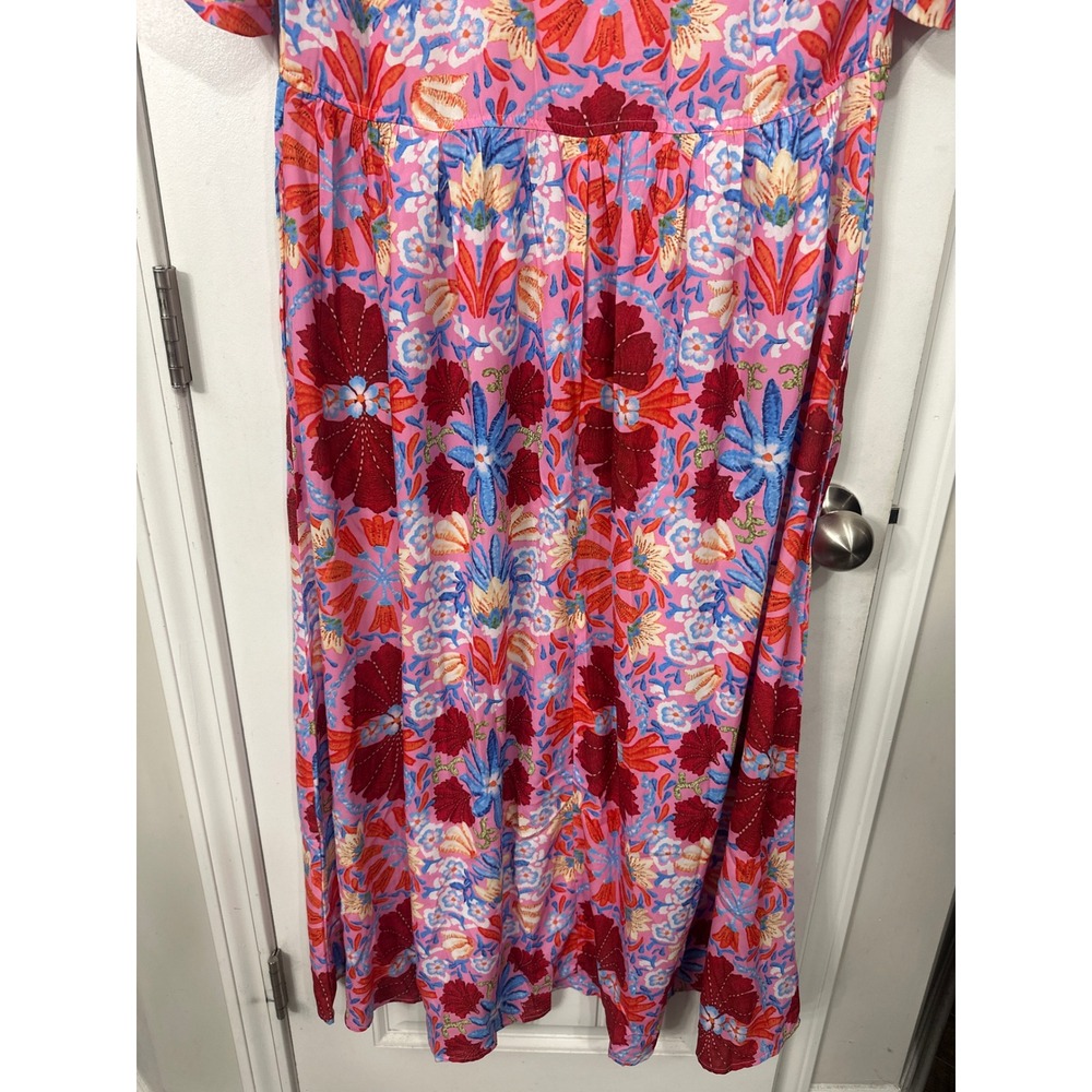 Pink Floral Keyhole Tie Front Maxi Dress Short Sleeve Boho Small Wedding Guest - Picture 7 of 8